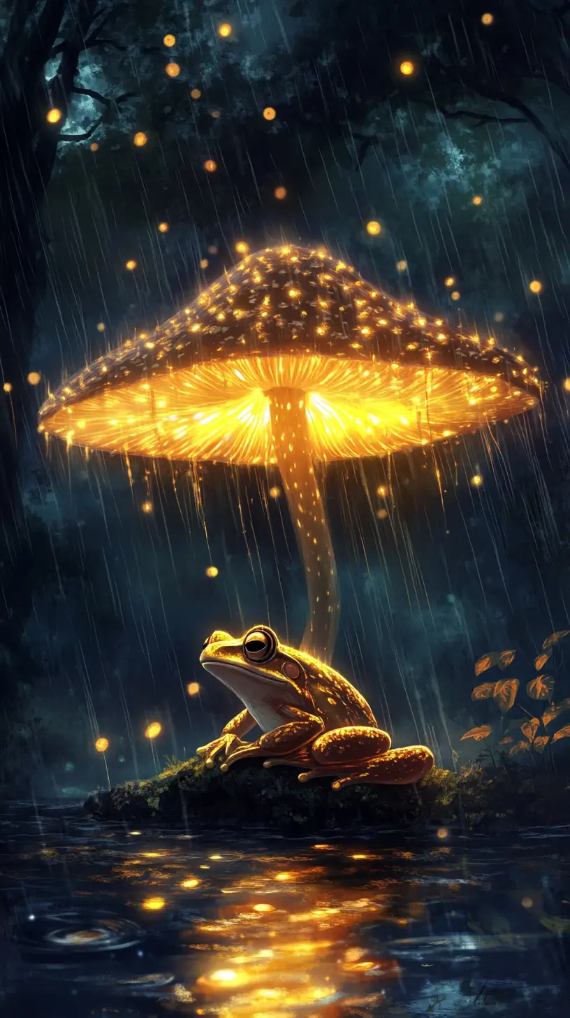 Frog Under Glowing Mushroom In Rainy Enchanted Forest