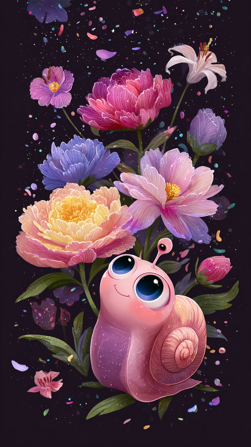 Cute chibi snail under a dreamy sky of falling flowers