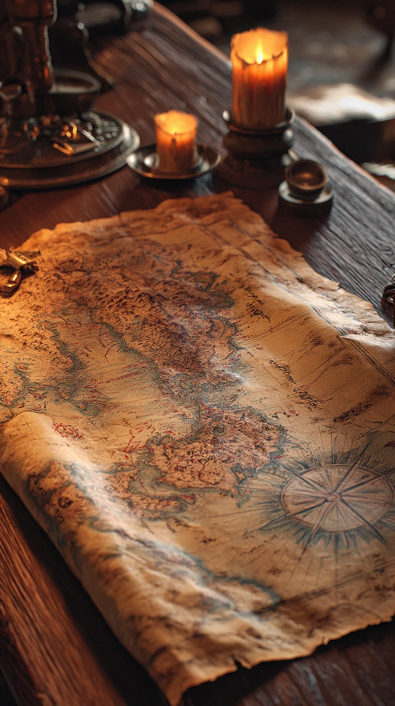 Ancient yellowed map with living rivers on oak table