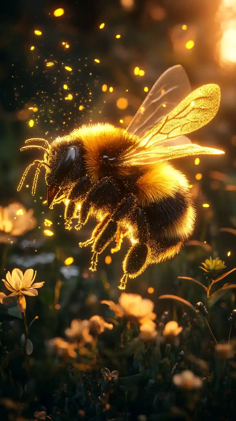 Flauschige Biene, die mit Pollen im dunklen Zauberszenario leuchtet