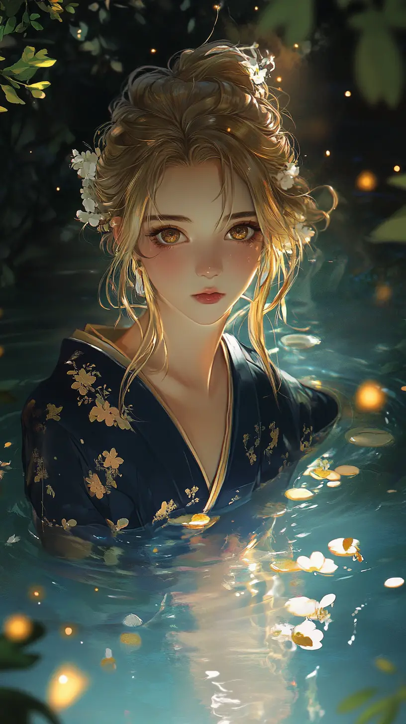 Ragazza anime in kimono in una pozza luminosa nella foresta