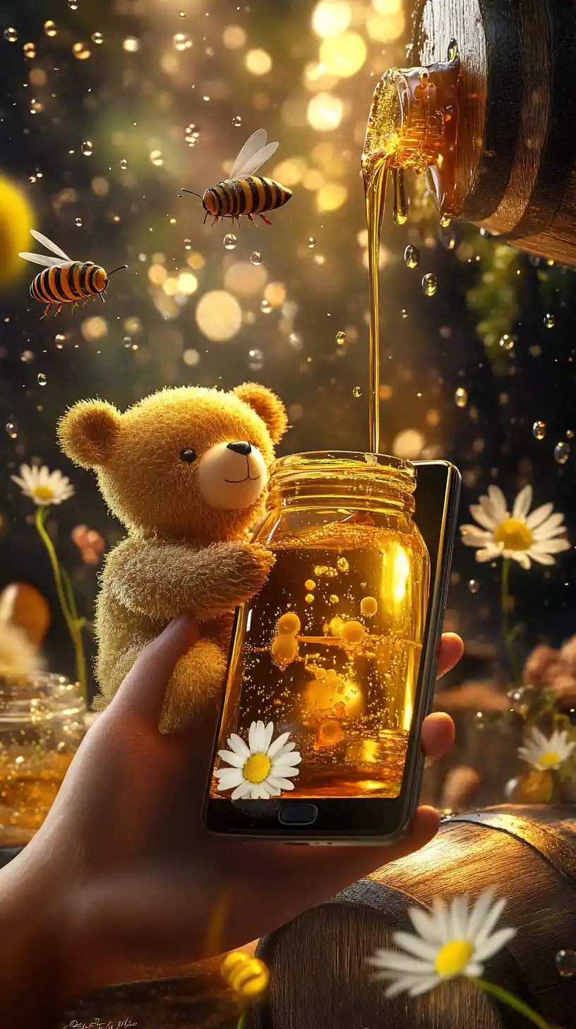 Hand Holding Smartphone With 3D Teddy Bear And Honey Scene