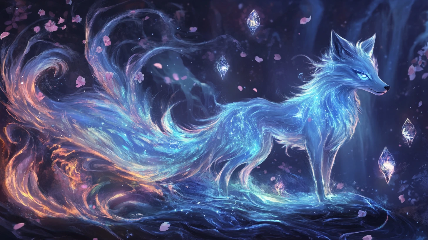 Translucent opal fox with blazing tails in starlit mist