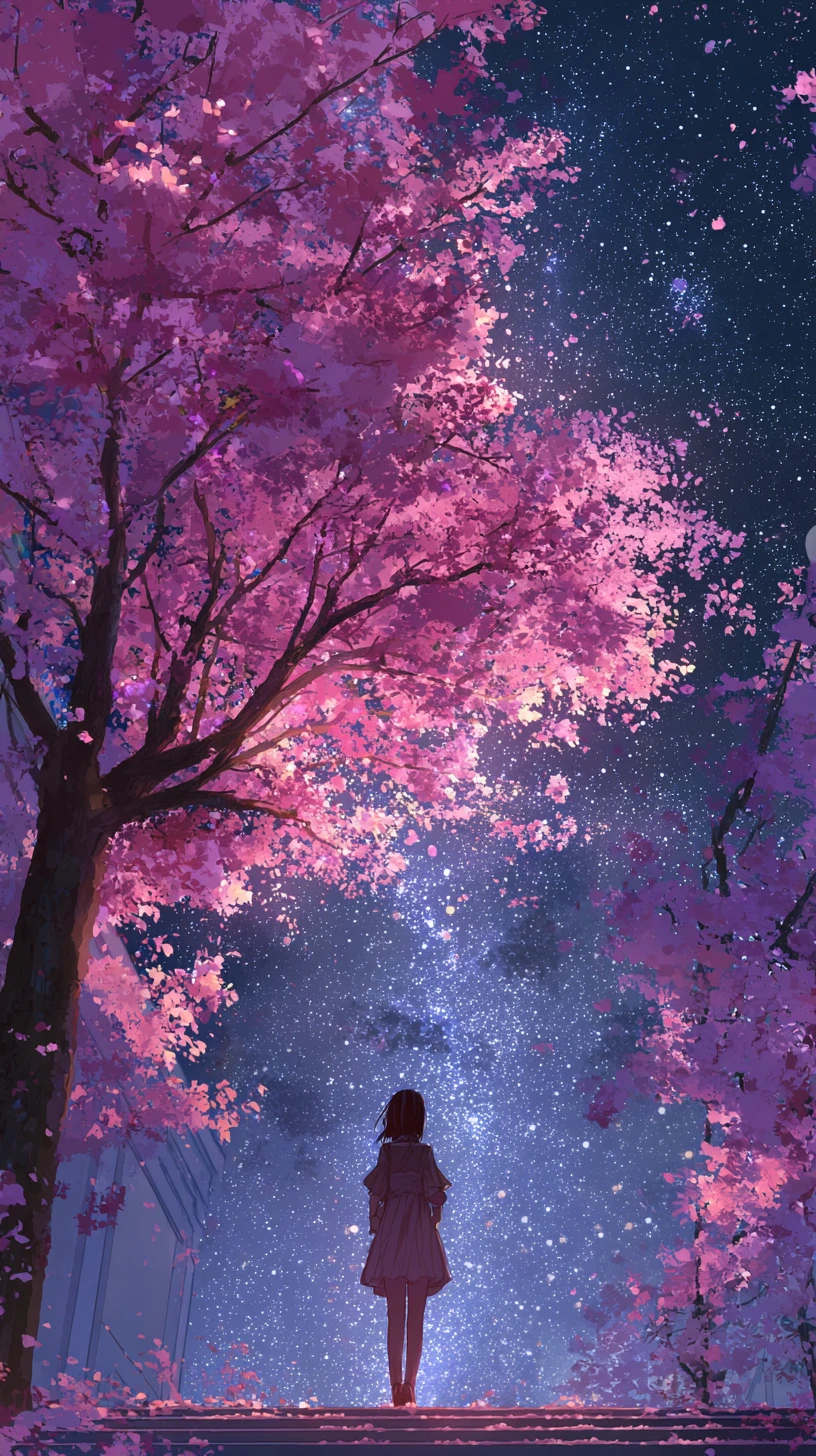 Teenage girl walking alone under a starry night sky