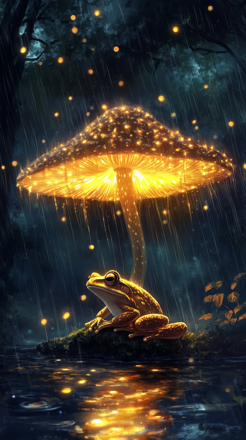 雨の魔法の森で光るキノコの下にいるカエル