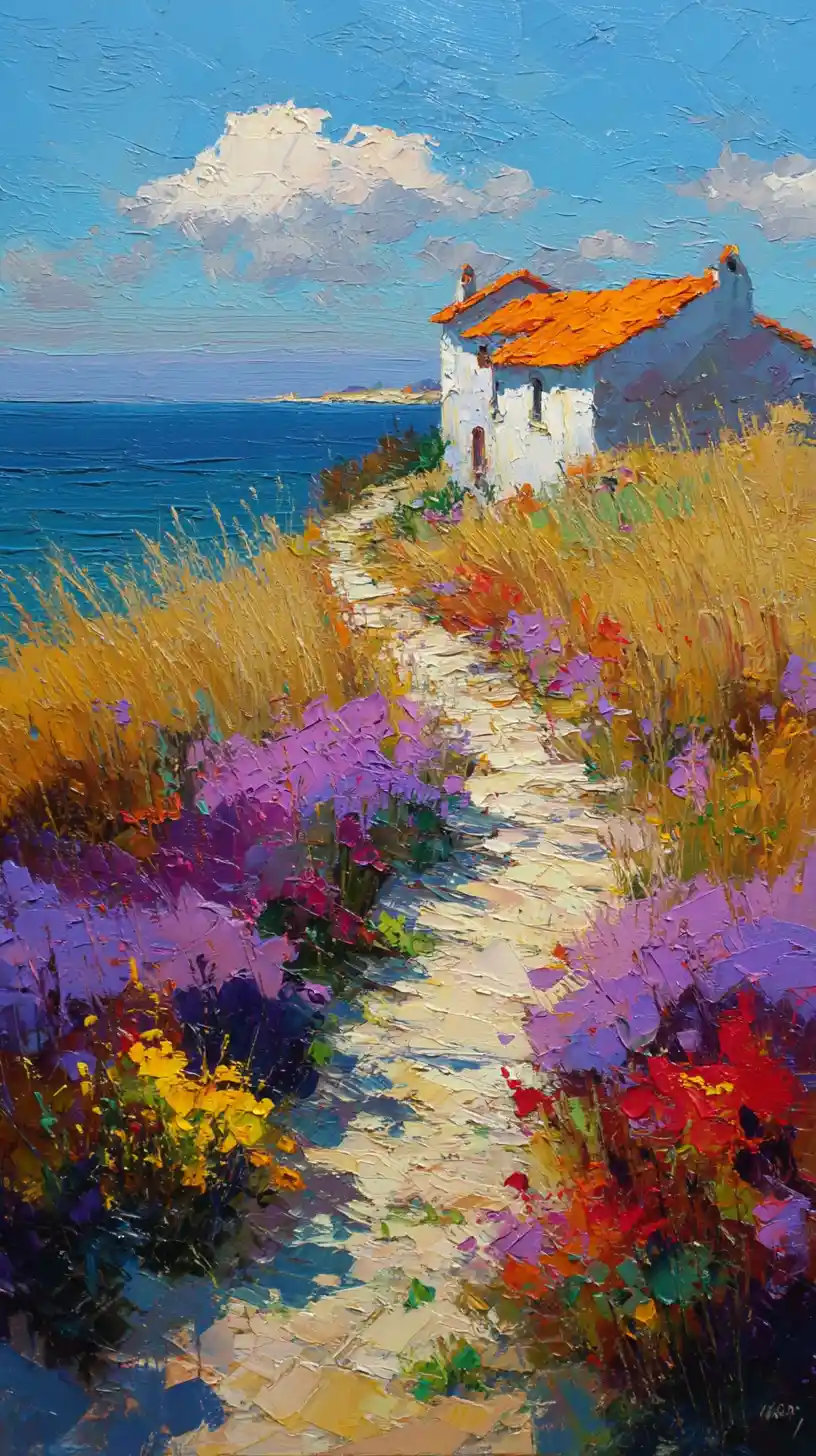 Coastal cottage above a flower lined sandy path