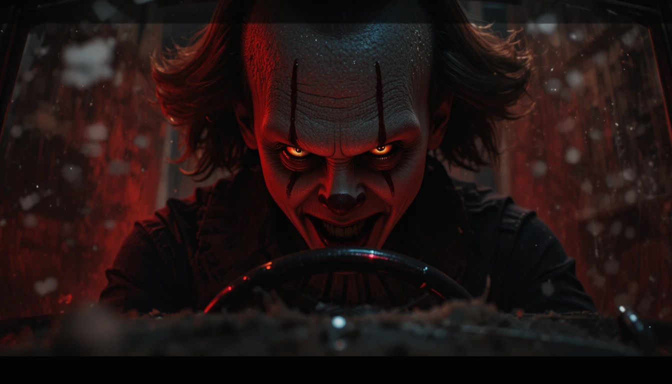 Extreme close up of a demonic clown face in red light