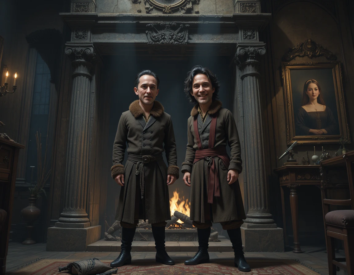 Two men standing inside a massive stone fireplace