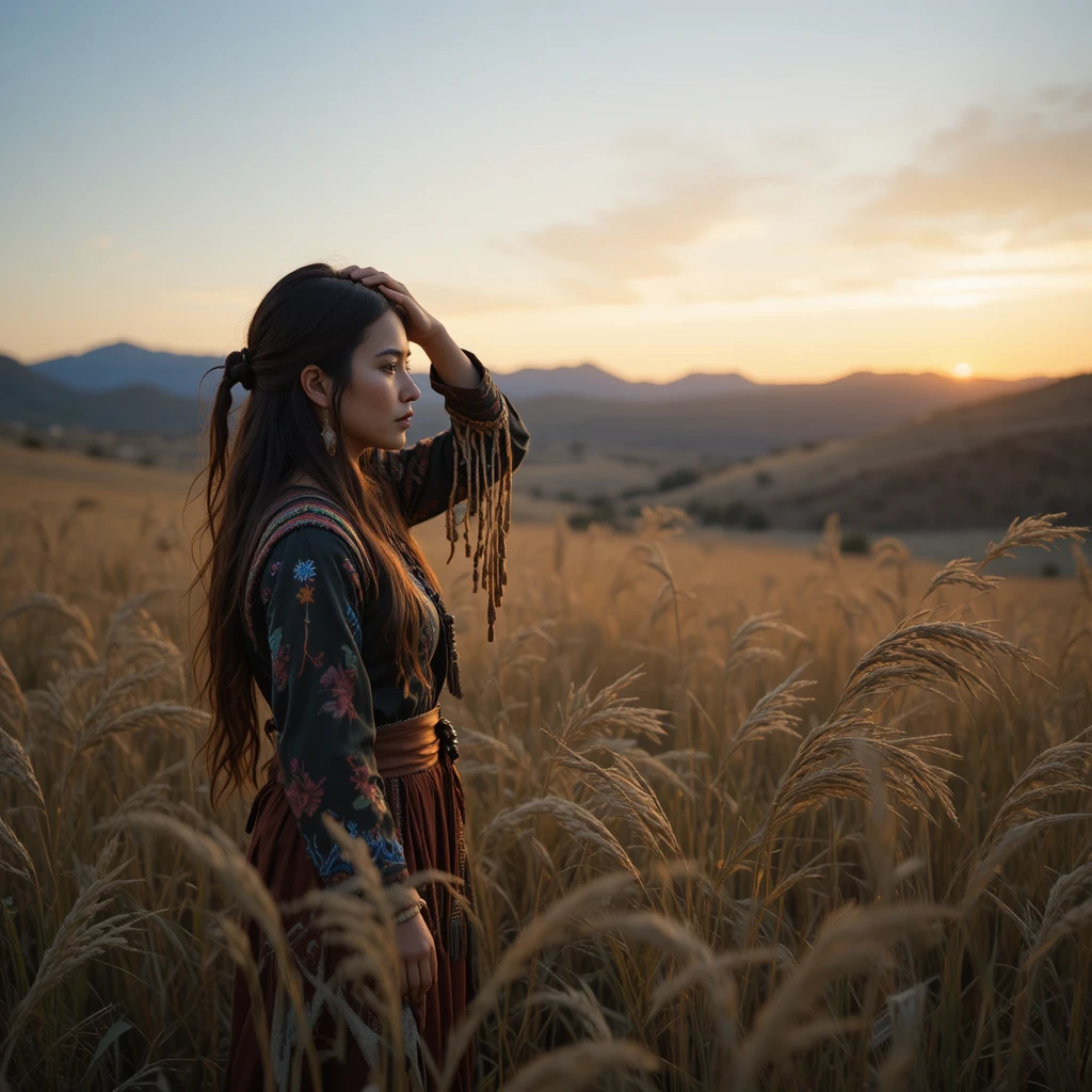 Sioux woman in tall grass looking toward distant hills