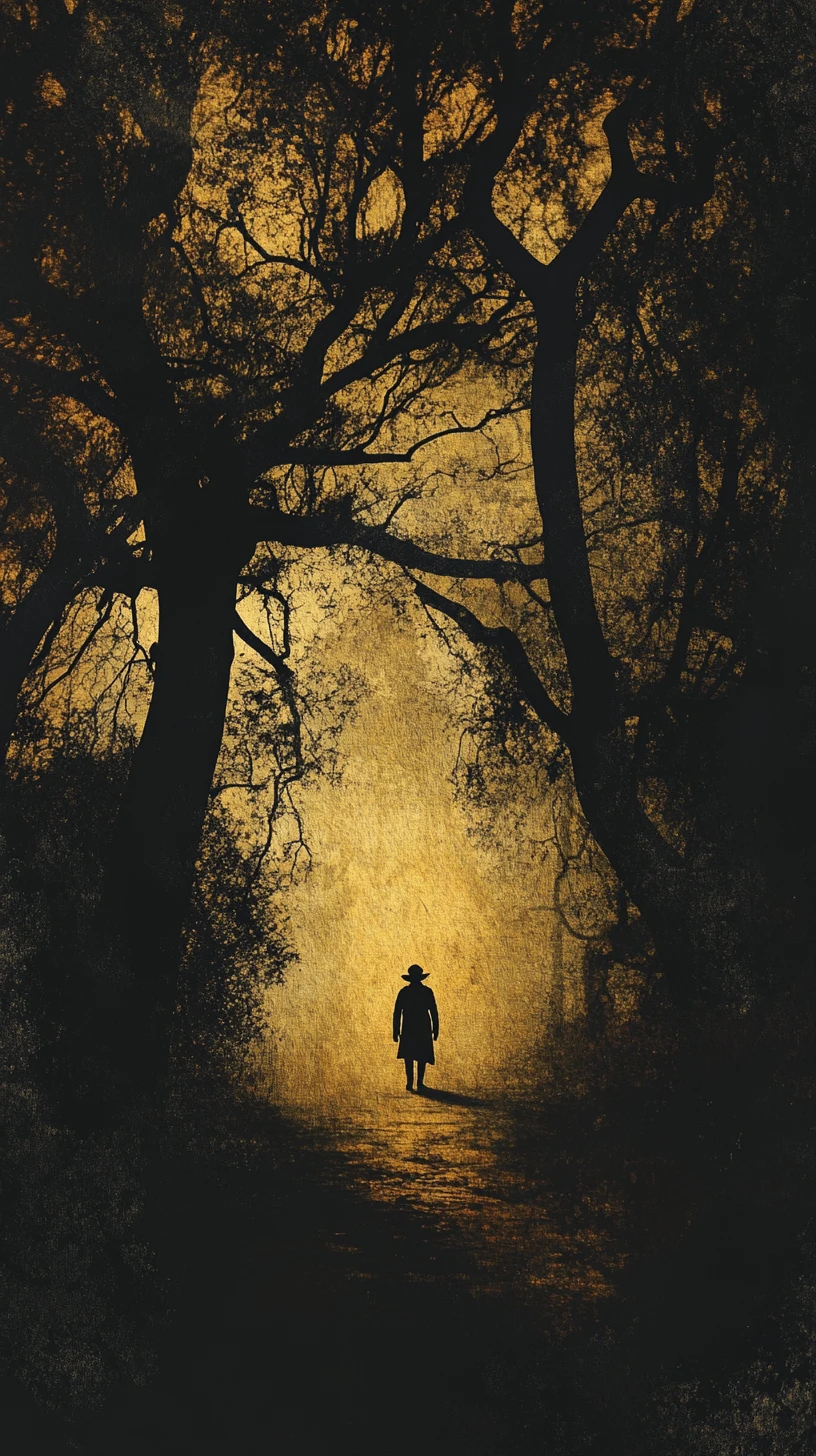Silhouetted figure entering a mystical forest threshold