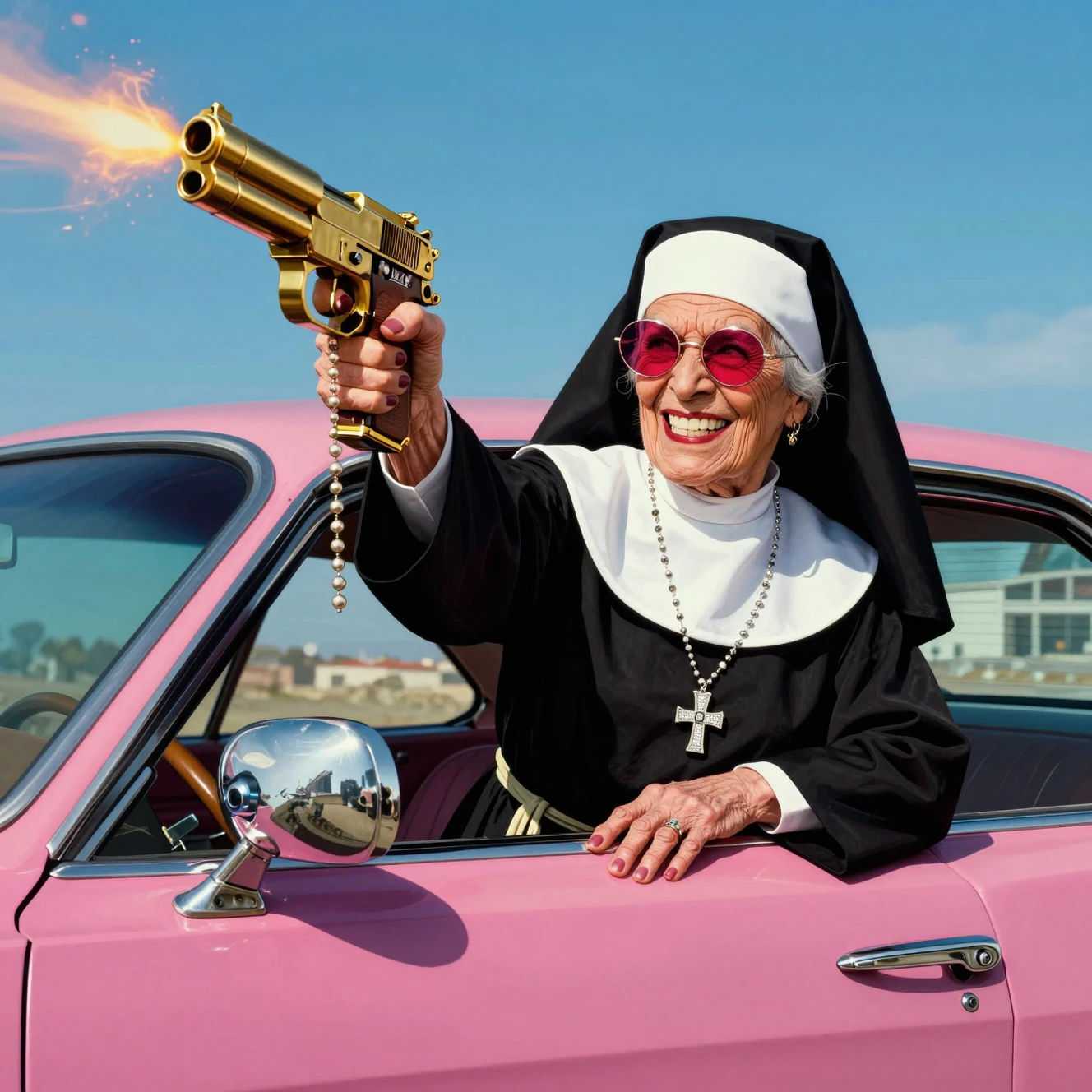 Defiant nun firing a gold pistol from lowrider window