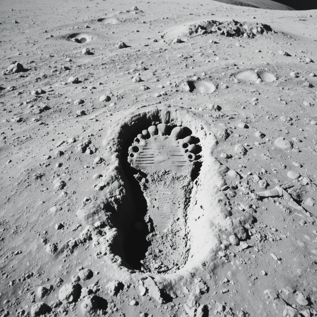Astronaut footprint pressed into the dusty moon surface