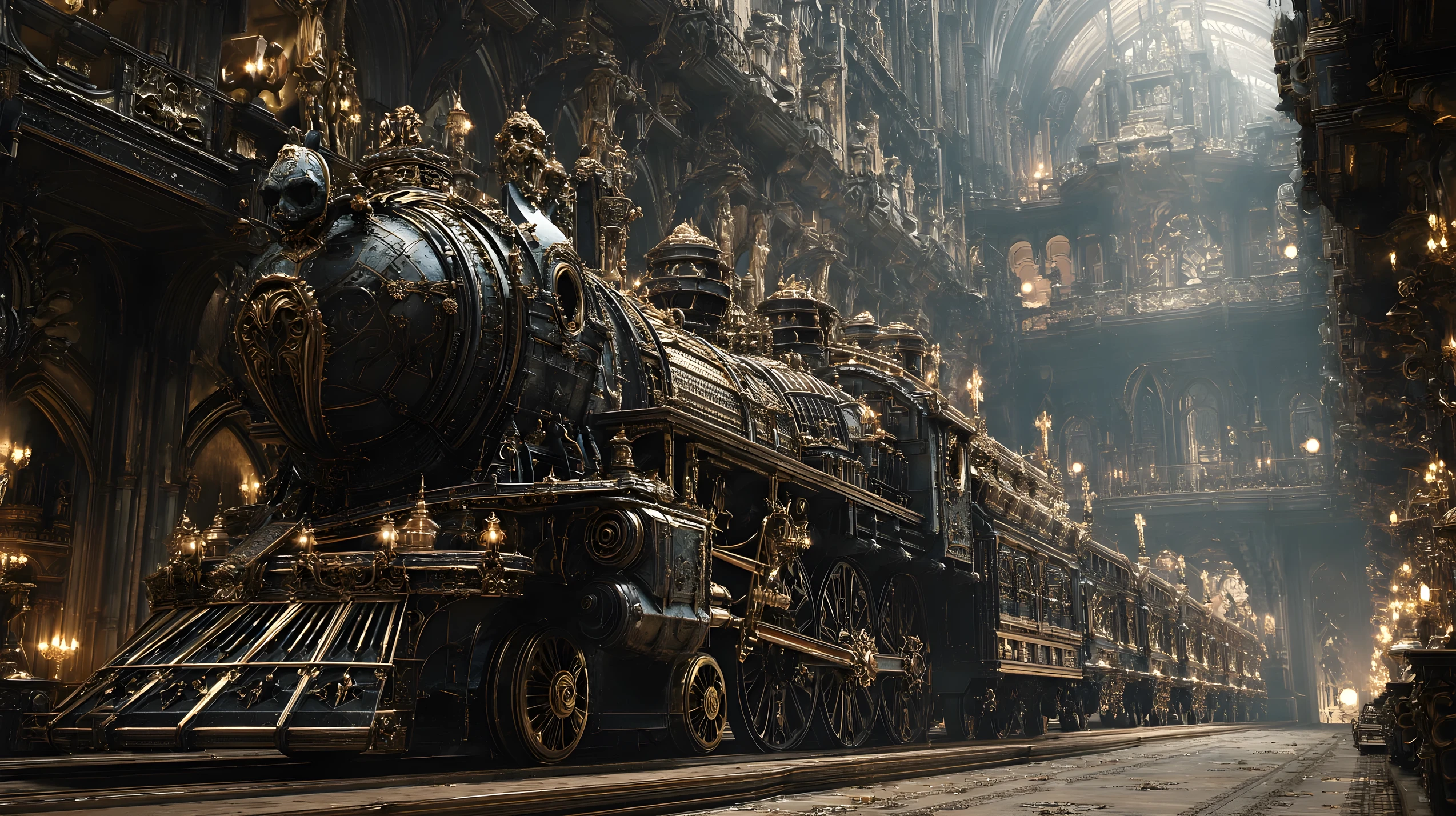 Gothic skull train landship inside vast dark cathedral