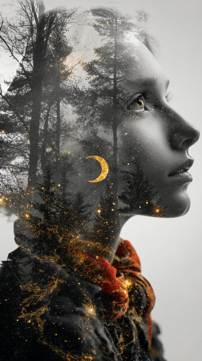 Surreal double exposure portrait with forest and cosmic elements