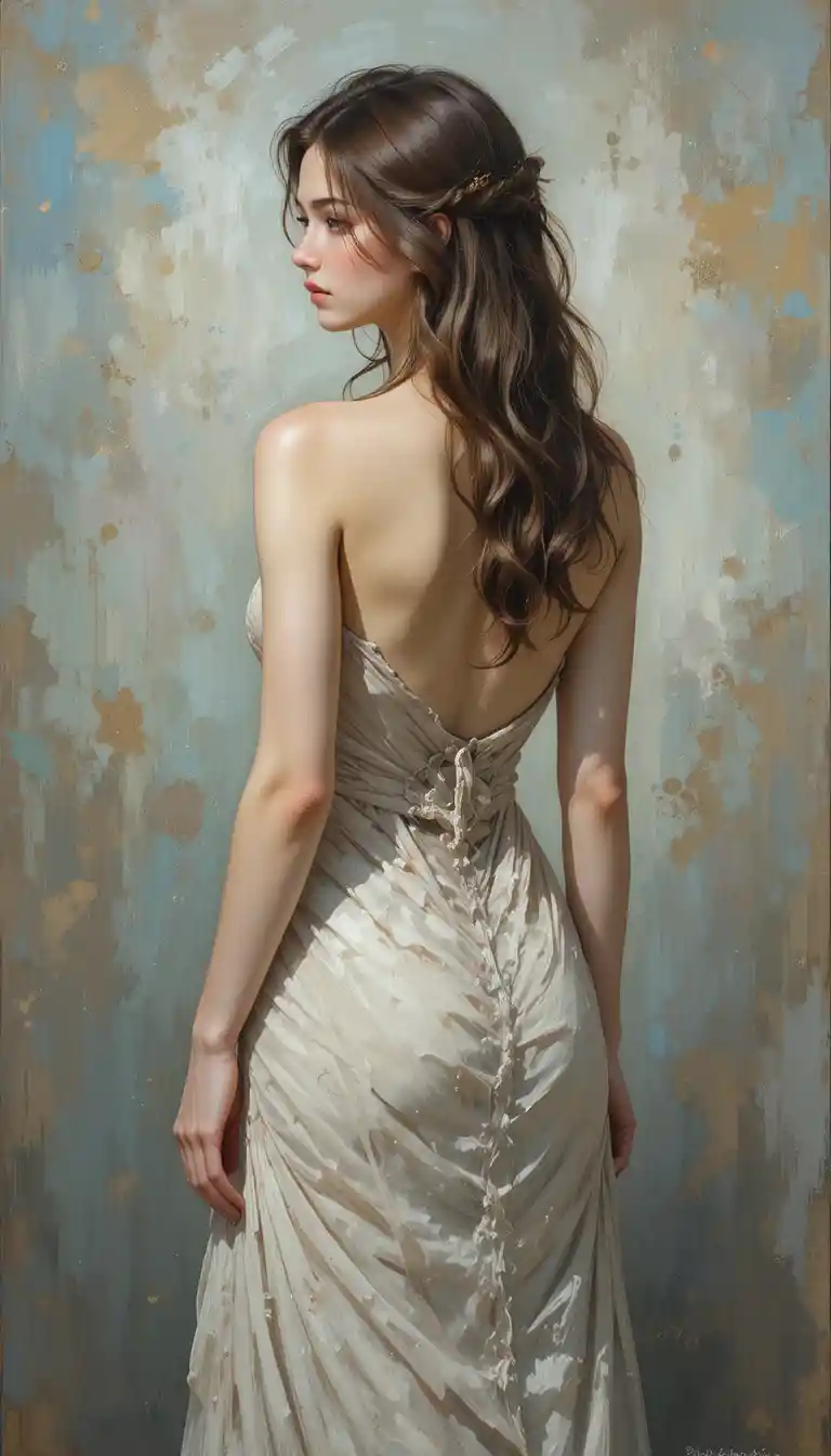Pintura impresionista de una mujer elegante con un vestido fluido