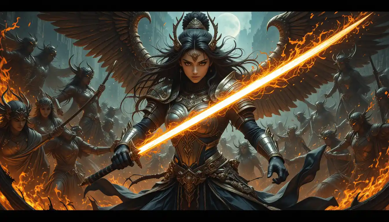 Warrior woman wields magic and katana in apocalyptic battle
