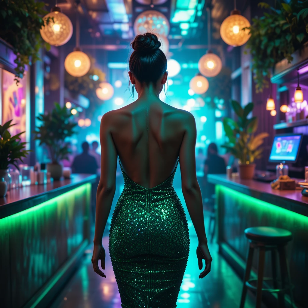 Elegant woman in green dress walking through nightclub