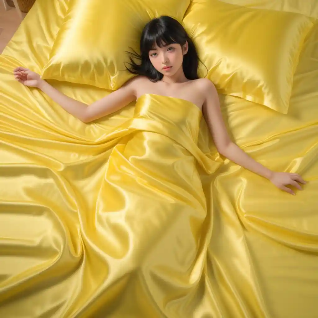 Japanese woman lying on yellow satin sheets looking forward
