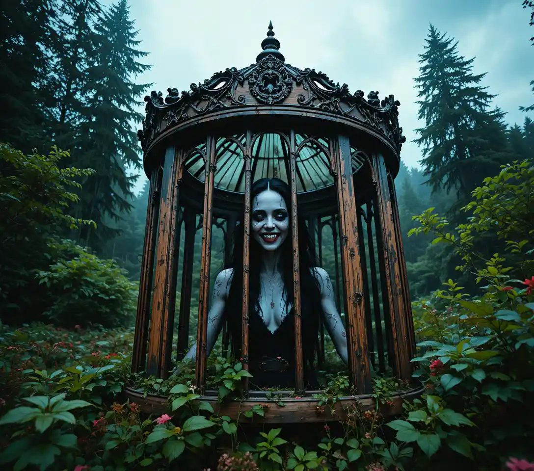 Pale dark haired woman in cage in eerie forest