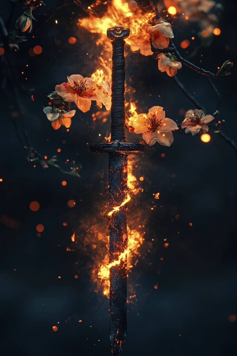 Forged sword blade with layered steel and floral backdrop