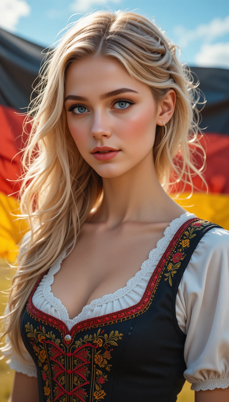 Young German woman in traditional dress before flag backdrop