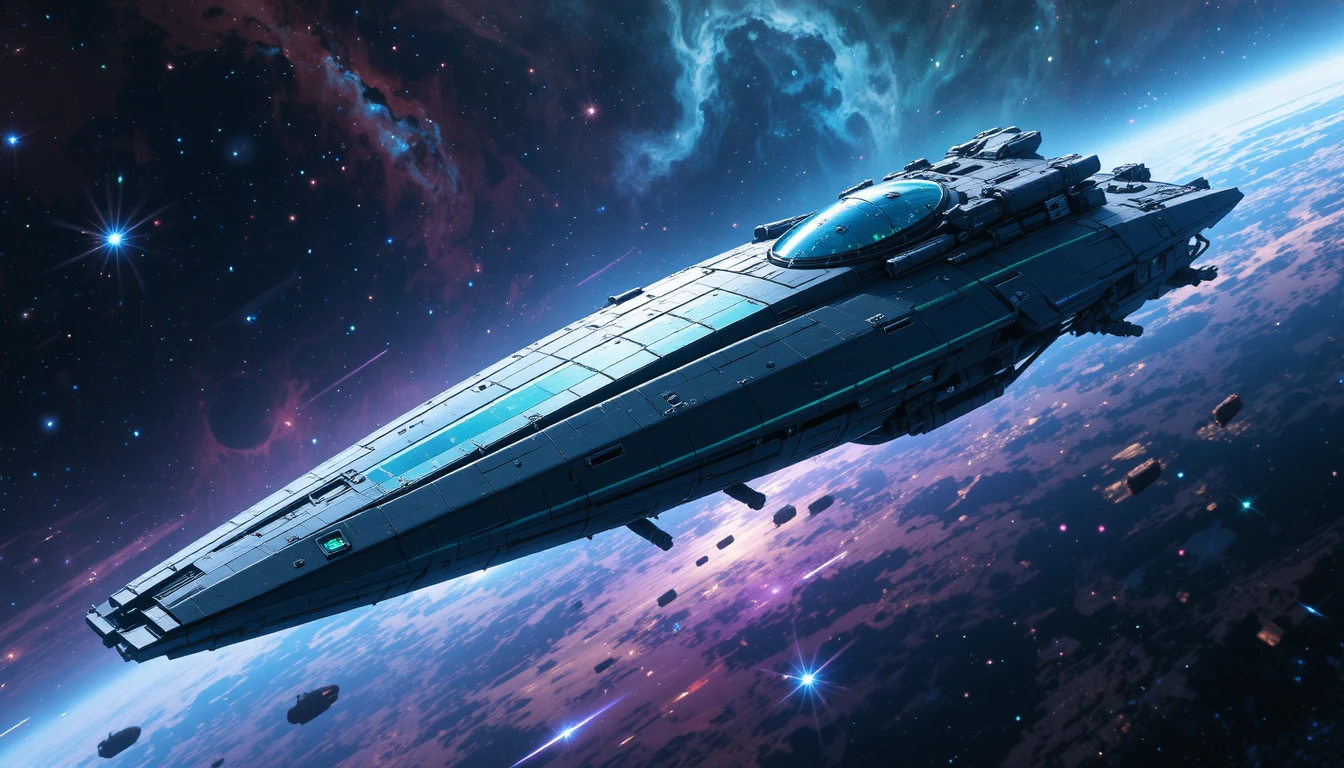 Wedge shaped space carrier flying through colorful nebulas