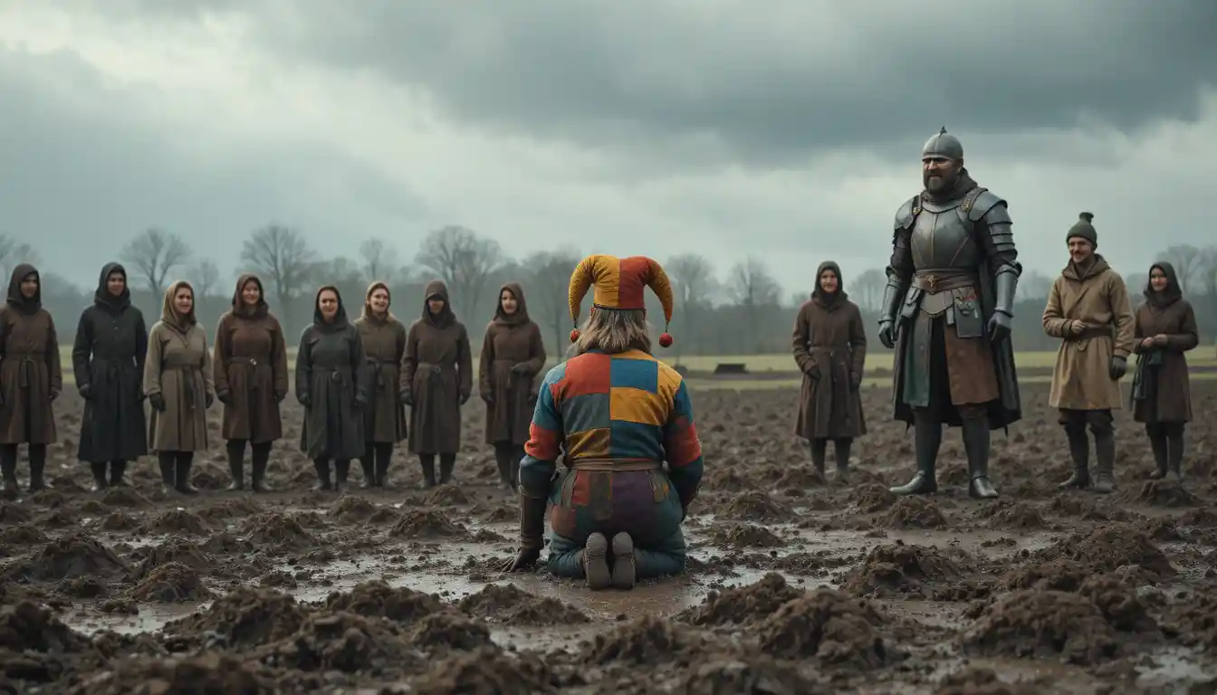 Medieval jester in muddy field watched by villagers