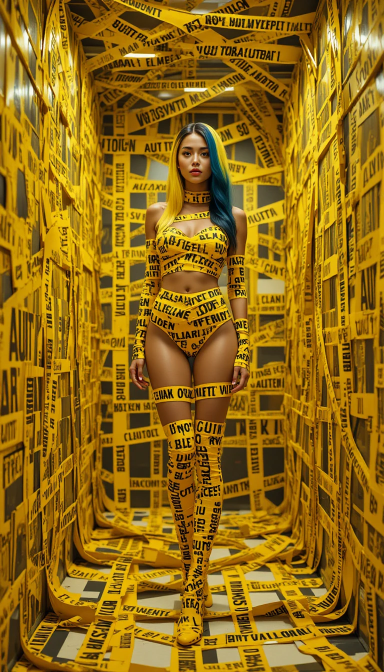 Fashion woman in tape wrapped room with matching outfit