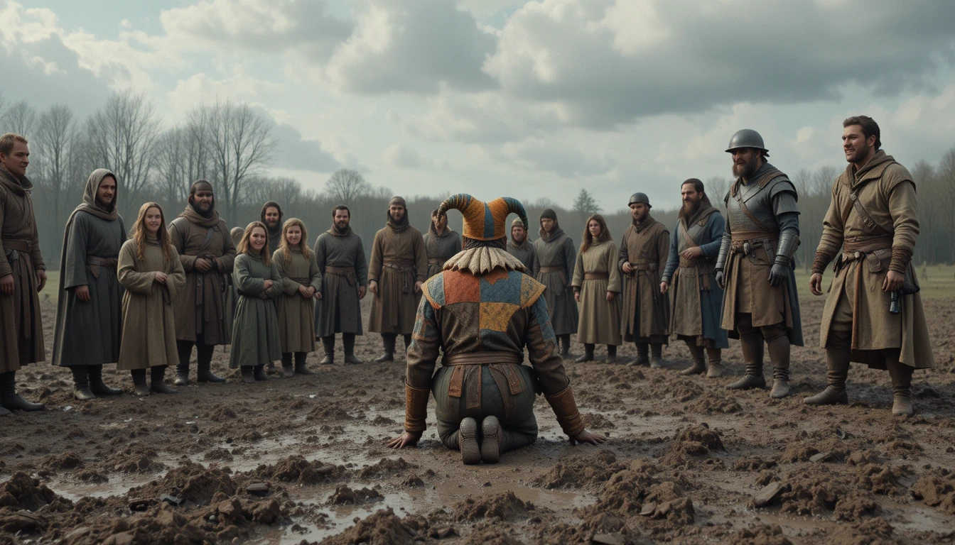 Medieval crowd mocking a seated jester in muddy field