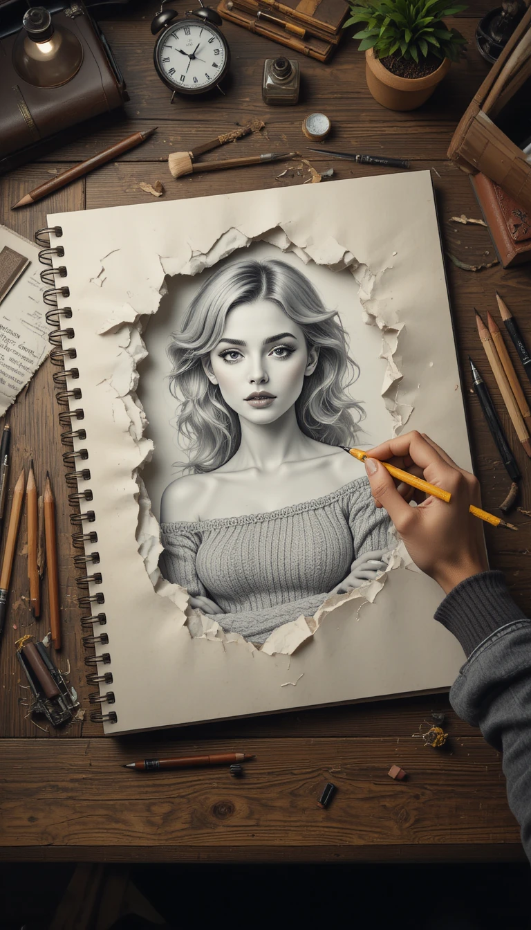 Hyperreal woman emerging from sketchbook on wooden desk