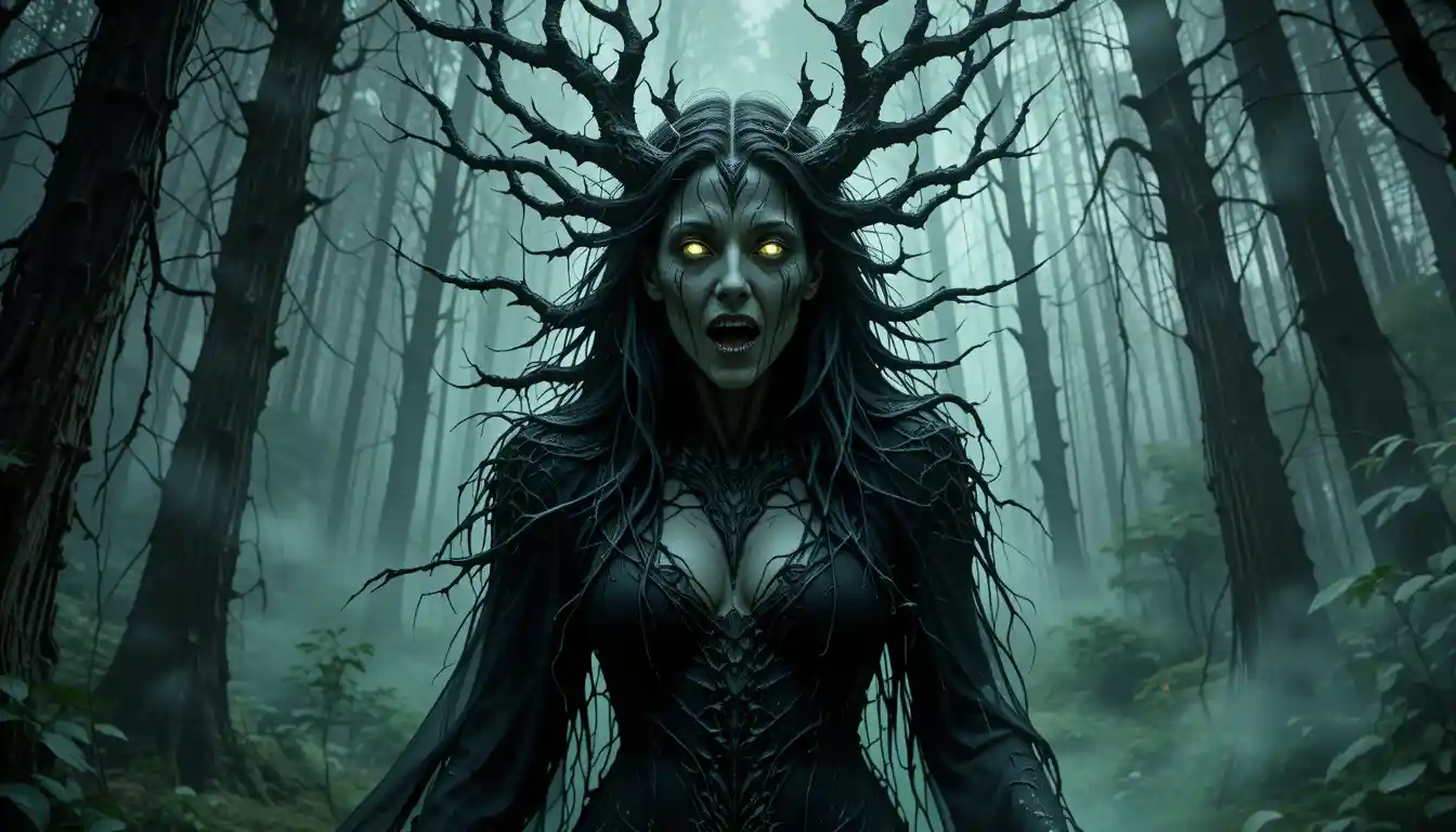 Verderbte Druidenpriesterin, die aus einem dunklen nebligen Wald tritt