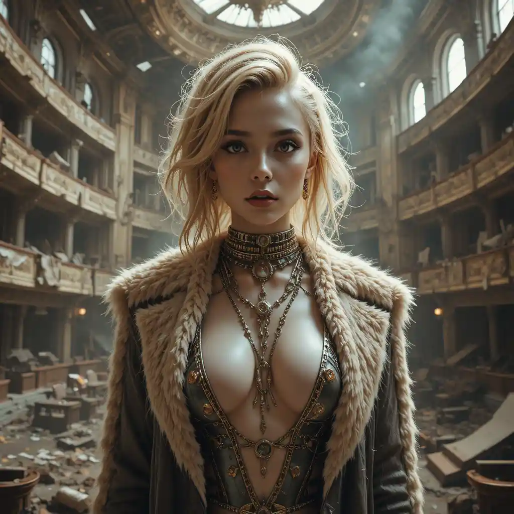 Mysterious cyber woman in decaying opera hall portrait