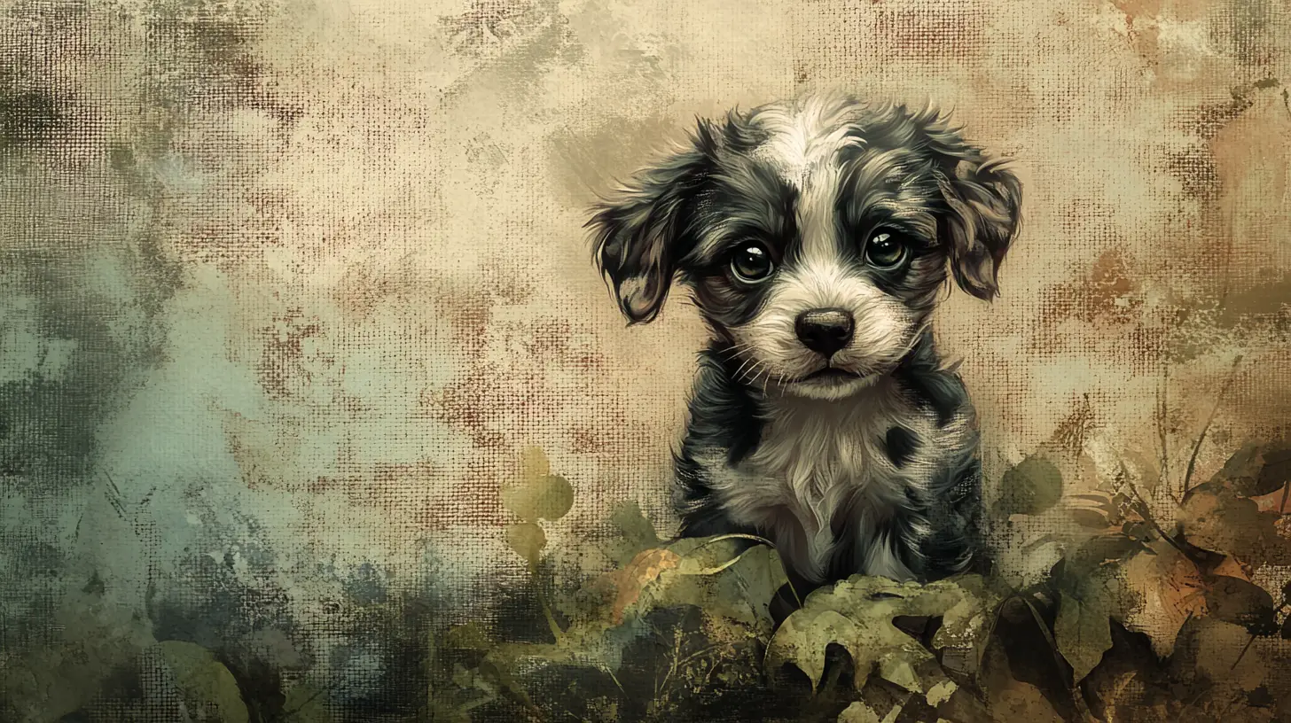 Whimsical gothic puppy illustration on grunge canvas