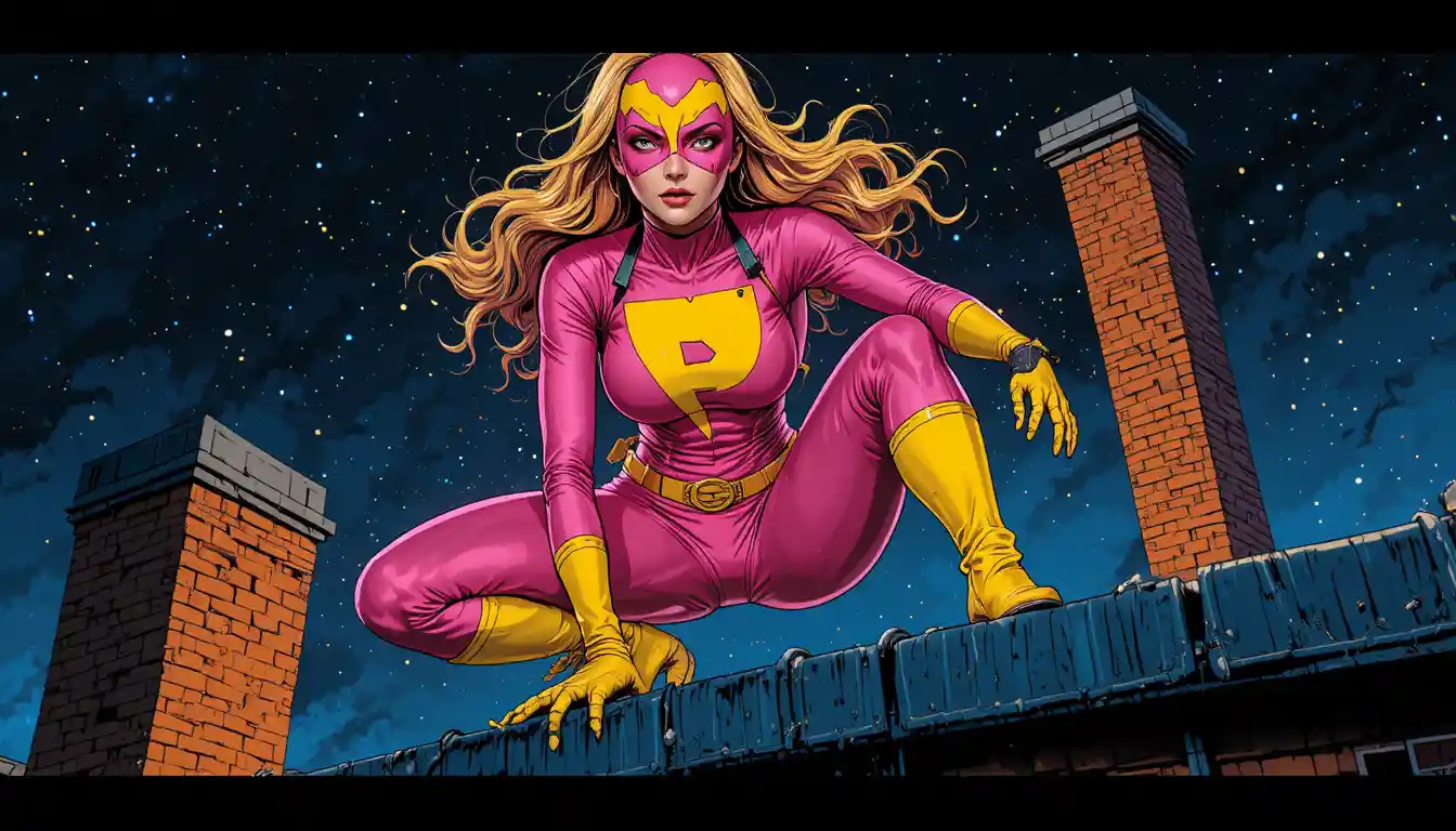 Pink masked superhero crouching on a moody city rooftop