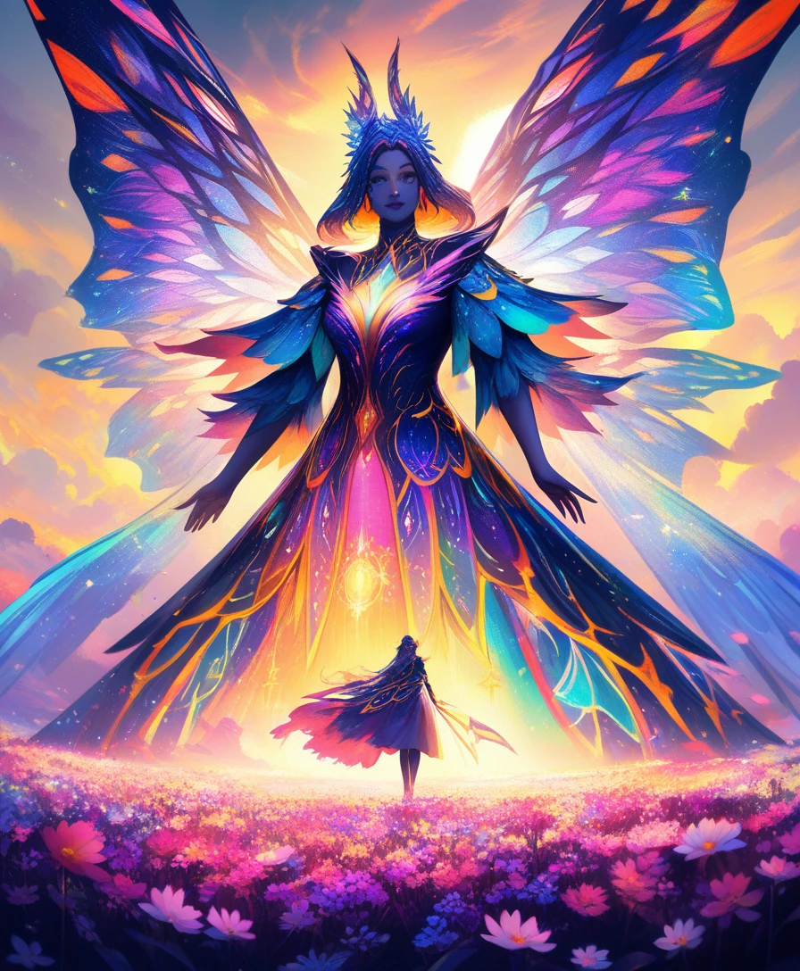 Joyful butterfly winged woman in a sunset flower field