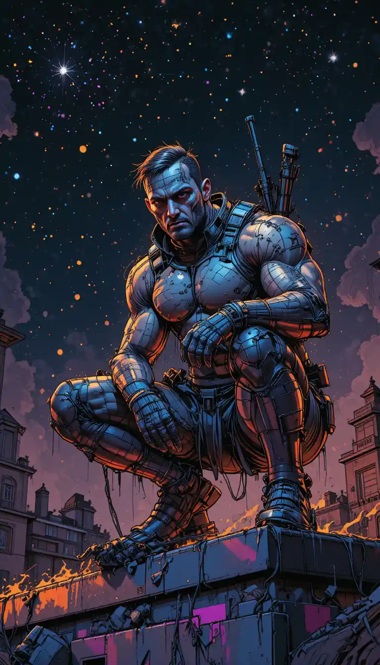 Guerriero cyberpunk accovacciato su un tetto sotto il cielo stellato