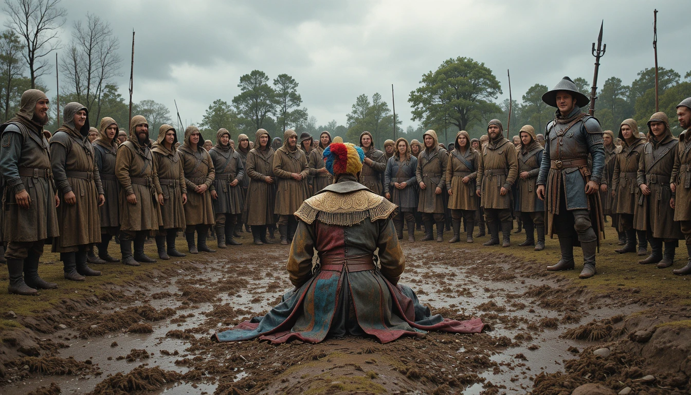 Medieval crowd mocking a jester in a muddy field