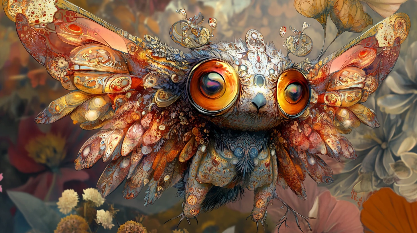 Colorful fairy with iridescent wings against floral gradient background