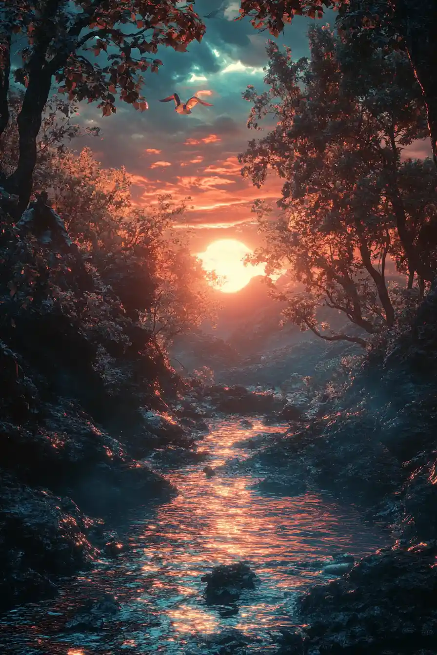 Peaceful dreamscape drifting between night and returning light