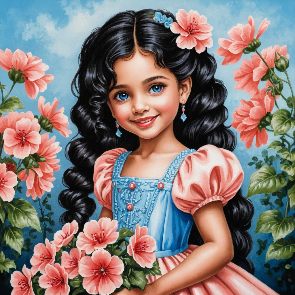 Smiling girl with black fishtail braid holding pink flowers