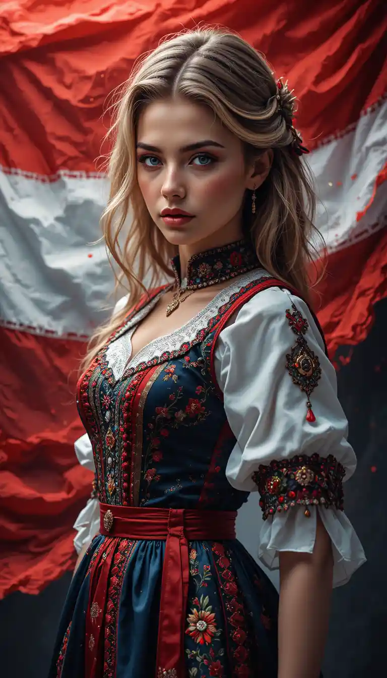Jeune femme autrichienne en tenue folklorique traditionnelle vibrante