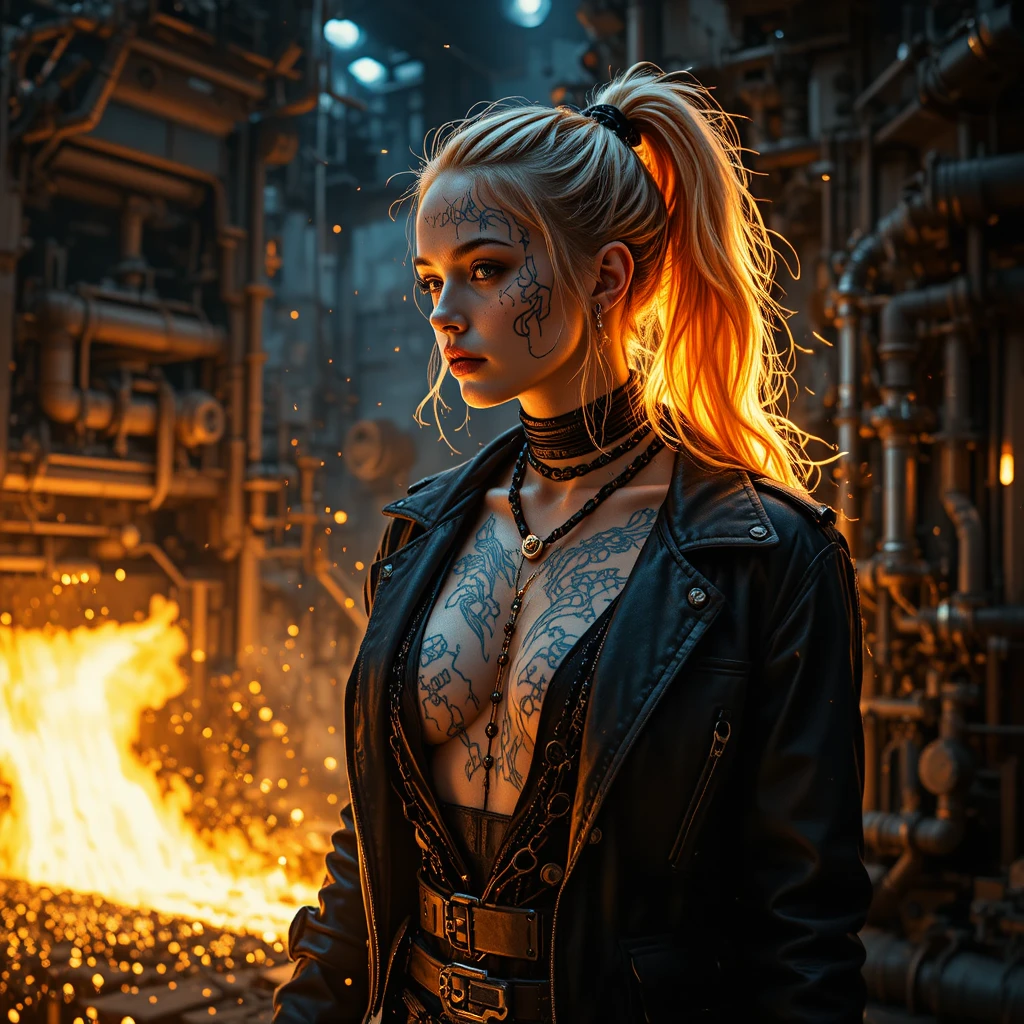 Surreal portrait of a woman in a roaring steel factory