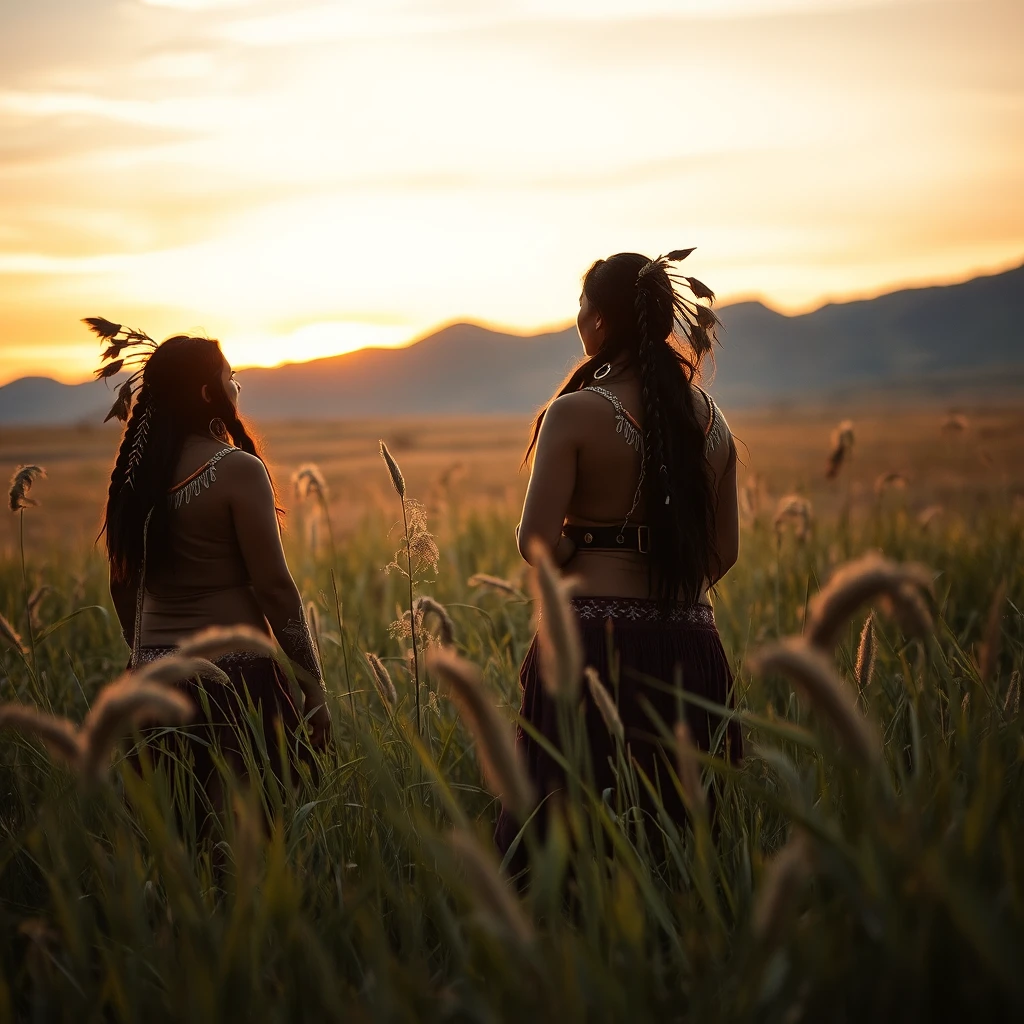 Two Sioux women in tall grass at sunset hills