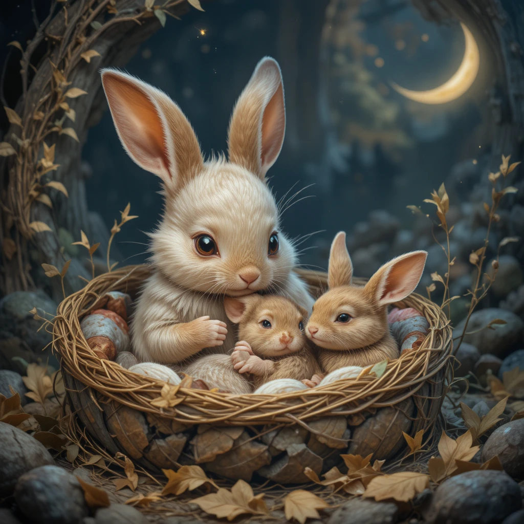 Mother rabbit cuddling her babies under soft moonlight