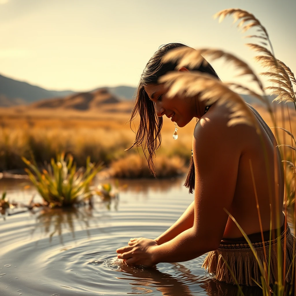 Sioux woman washing her hair in a sunny hilltop pond