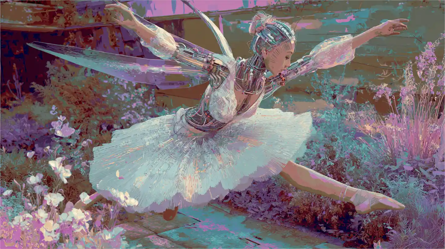 Kybernetische Ballerina-Fee tanzt in einem surrealen Garten