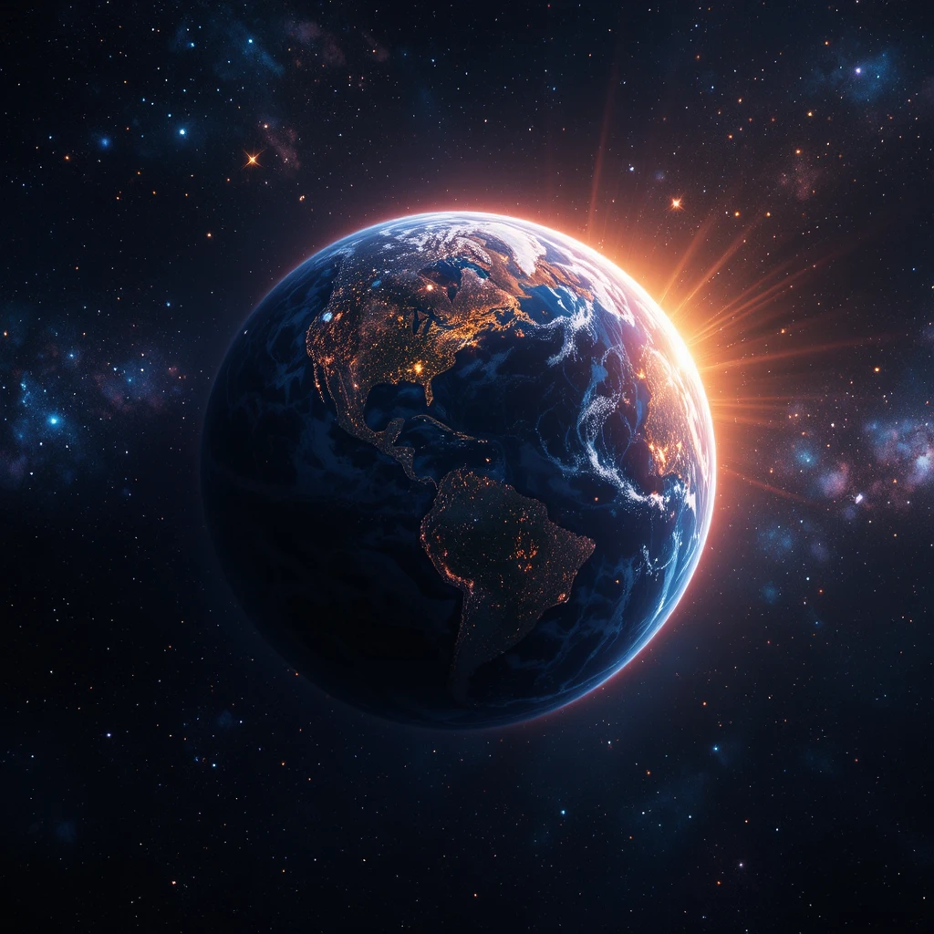 Distant view of planet Earth glowing in deep space