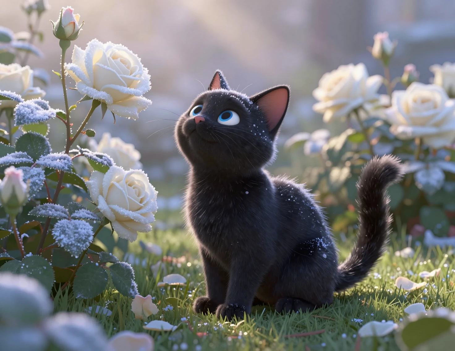 Gato negro en jardín de rosas escarchadas bajo la luz de invierno