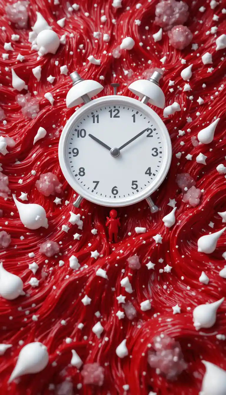 White clock on red abstract waves with scattered white shapes
