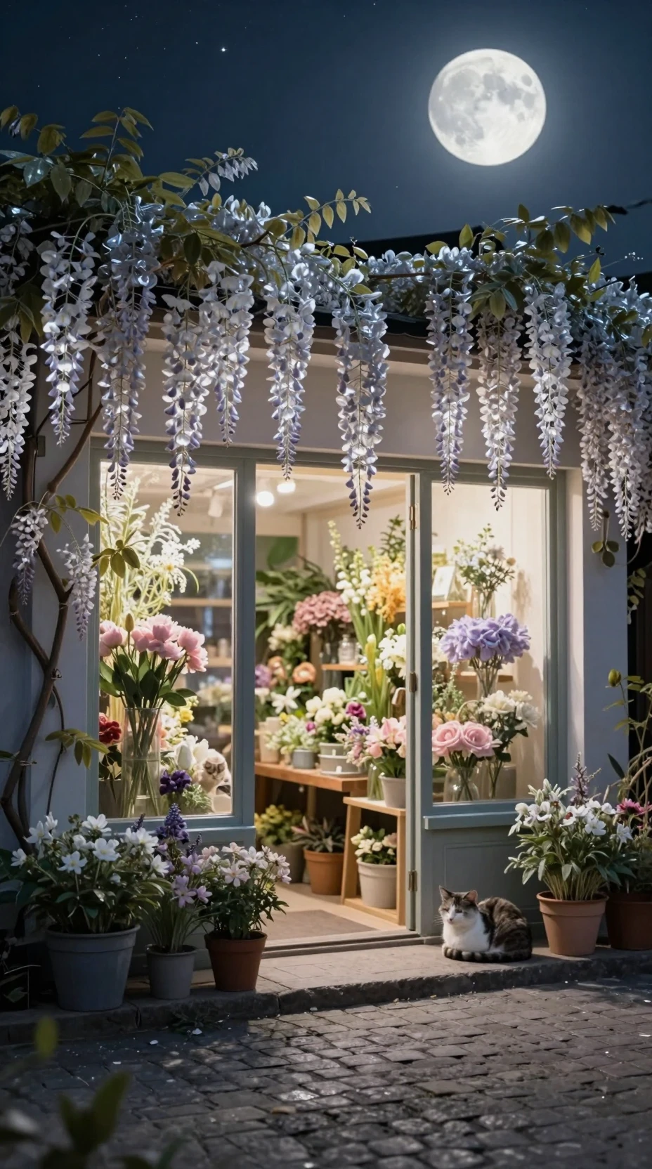 Escaparate de floristería a la luz de la luna con un gato callejero durmiendo